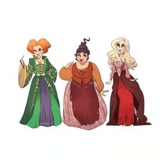 three women dressed in medieval clothing, one with an orange hair and the other wearing green