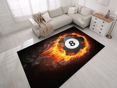 a living room area rug with a billiard eight ball on fire