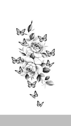 black and white roses with butterflies flying around