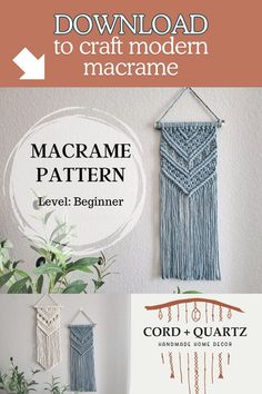 the macrame pattern is displayed in front of a white wall with some plants