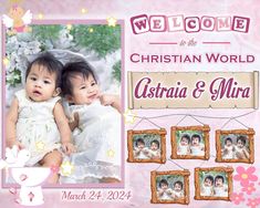 two children are sitting next to each other in front of a welcome sign for the christian world