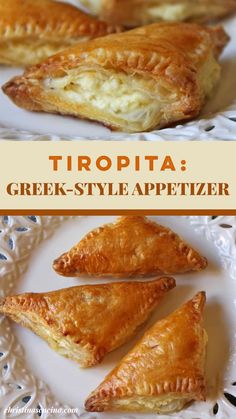 three different types of pastries on a plate with the words, tropita greek - style appetizer