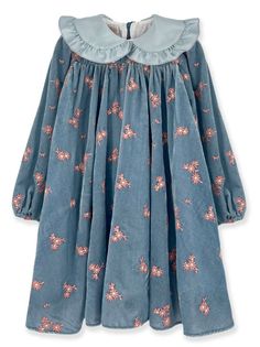 blue cotton velvet finish all-over floral embroidery ruffle collar long sleeves elasticated cuffs concealed rear zip fastening flared hem cotton lining Blue Velvet Dress, Girls Casual Dresses, Dress With Jean Jacket, Dolce And Gabbana Kids, Casual Girl, Velvet Dress, Skirted Swimwear, Clothes Gift, Floral Embroidery