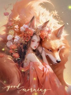 a girl and a fox with flowers on their heads are in front of the words good morning