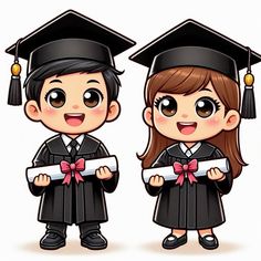 two children in graduation caps and gowns holding papers