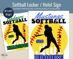 two softball signs with the name and number of each player on them, one has a bat