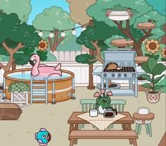 a pink flamingo sitting in the middle of a patio next to a hot tub