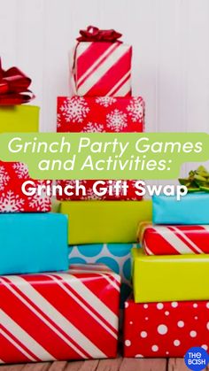 christmas presents stacked on top of each other with the words grinch party games and activities