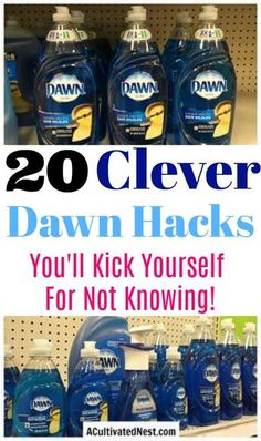 several different types of dawn hacks on display in a store with text overlay that reads, 20 clever dawn hacks you'll kick yourself for not know