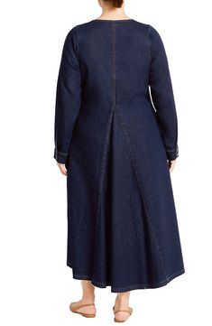 A versatile denim dress cut in a midi silhouette lends casual charm to your style with a flowy skirt and a raw, released hem. Slips on over head V-neck Long sleeves with button cuffs 96% cotton, 2% polyester, 2% viscose Machine wash, line dry Imported Casual A-line Denim Dress For Fall, Fall Casual A-line Denim Dress, Dark Wash Denim Dress With Frayed Hem For Fall, Chic Fall Midi Denim Dress, Spring Indigo Denim Midi Dress, Chic Dark Wash Denim Dress With Frayed Hem, Spring A-line Denim Midi Dress, Relaxed Fit Midi Denim Dress For Fall, Dark Wash Denim Midi Dress