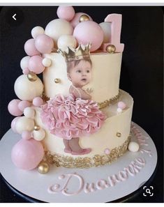 a birthday cake decorated with balloons and a photo on the top is for a princess