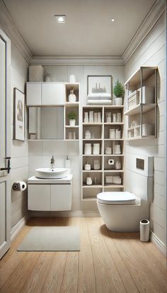 a white bathroom with wooden flooring and shelves filled with toilet, sink, and bathtub