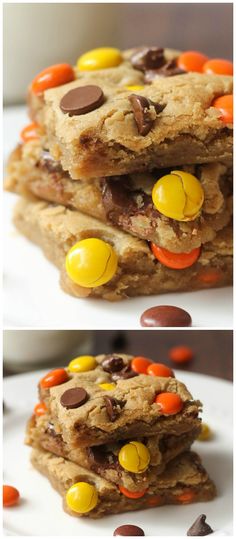 two pictures of cookies with candy on top and chocolate chips in the middle, one is stacked