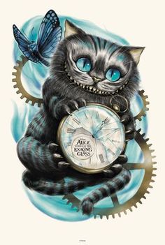 a drawing of a cat holding a clock with a butterfly on it's face