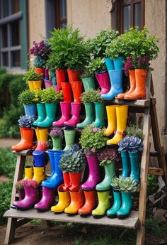 colorful rain boots are lined up in front of a building with succulents and plants