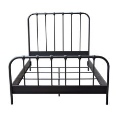 a metal bed frame with black slats