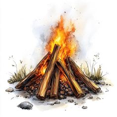 a drawing of fire logs in the middle of a field with grass and rocks around it