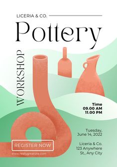 a poster for pottery workshop with an image of two vases on the left side