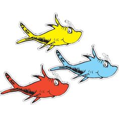 three cartoon fish with different colors and sizes