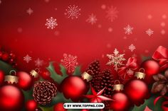 a red christmas background with ornaments and pine cones