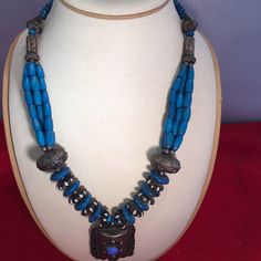 Brand New Handmade Beautiful Necklace. Unique Blue Jewelry With Silver Beads, Vintage Blue Necklace With Silver Beads, Artisan Blue Nickel-free Necklace, Artisan Blue Necklace With Silver Beads, Blue Beaded Necklace With Silver Beads, Unique Blue Beaded Necklace With Silver Beads, Lampwork Jewelry, Beautiful Necklace, Necklace Handmade