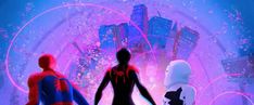 the animated spider - man and his friends are standing in front of a purple background