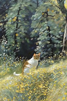 a painting of a cat sitting in the middle of a field full of yellow flowers