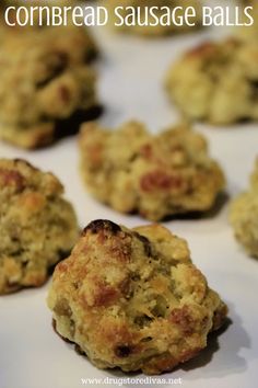 cornbread sausage balls on a plate with text overlay that reads cornbread sausage balls