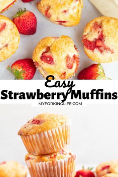 strawberry muffins stacked on top of each other