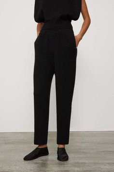 Lisa Yang Sonya Trouser - Black/Graphite Casual Black Wool Bottoms, Sleek Fall Pants With Straight Hem, Elegant Straight Black Pants, Elegant Black Straight Pants, Casual Black Straight Silhouette Bottoms, Sleek Pants With Pockets And Straight Hem, Casual Wool Pants With Straight Hem, Casual Black Bottoms With Straight Silhouette, Business Casual Straight Silhouette Bottoms For Fall