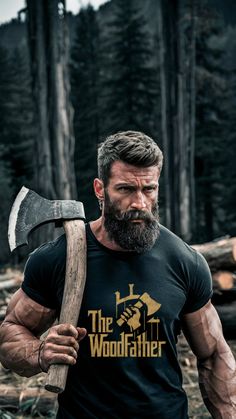 A big muscular man with a beard and mustache was carrying an axe, he was a woodworkers Lumberjack Style Men Outfits, Big Muscular Man, Big Beard Styles, Lumberjack Aesthetic, Big Muscular Men, Beards And Tattoos, Lumberjack Men, Bald Head With Beard, Lumberjack Beard