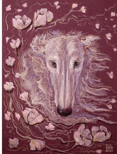 a painting of a dog's head with flowers around it