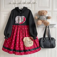 Made of: Cotton,  Colour: Black,  Size:S,M,L,  S: Skirt Length 85cm, Bust 96cm, Shoulder 40cm, Sleeve 59cm,  M: Skirt Length 87cm, Bust 100cm, Shoulder 41cm, Sleeve 60cm,  L: Skirt Length 89cm, Bust 104cm, Shoulder 42cm, Sleeve 61cm, Harajuku Style Short Sleeve Cosplay Dress, Kawaii Ruffled Dress For Cosplay, Harajuku Doll Collar Dress For Cosplay, Harajuku Doll Collar Summer Dress, Black Harajuku Dress With Doll Collar, Bear Sweater, Harajuku Fashion, Sweater Skirt, Skirt Length