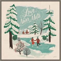 an illustration of two people walking through the snow in front of some trees and tents