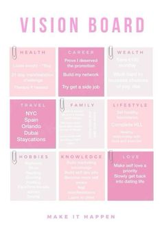 a pink and white poster with the words vision board