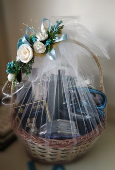 a basket filled with lots of items sitting on top of a table