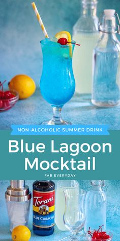 blue lagoon mocko cocktail with lemons and cherries