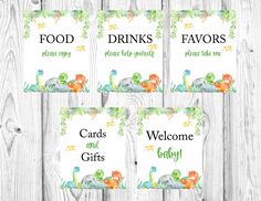 four watercolor dinosaurs drink tags with the words drinks, welcome and welcome on them