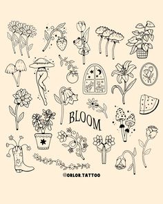 Check more at https://ideatatto.com/animals/4367/ Garden Flash Tattoo, Small Scattered Tattoos, 3 Flower Tattoo, Mushroom Tattoos Simple, Indie Tattoo Ideas, Small Mushroom Tattoo, Shaded Tattoos, Tattoo Happy, Bloom Tattoo