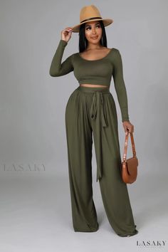 Lasaky - Solid Color Long Sleeve Wide-leg Two-piece Set Lounge Wear Outfits Stylish, Lounge Wear Outfits, Basic Streetwear, Stylish Loungewear, Scoop Neck Crop Top, Solid Color Pants, Virtual Fashion, Loungewear Sets, Womens Basic