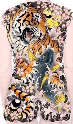 the back of a woman's body with an image of a tiger and fish on it