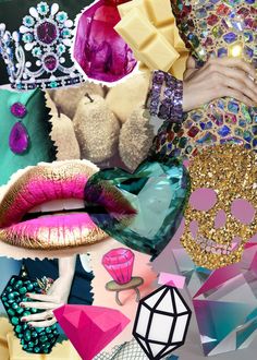 a collage of different items including lipstick, jewels and other things to be seen in this image