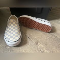 Vans Slip-On Classic 'Checkerboard - Ballad Blue Never Worn, Does Have A Small Discolored Spot Of The Elastic. Shown In The Picture Above. Size: 7.5 Women Or 6 Men Vans Blue, Shoes Vans, Vans Slip On, Womens Vans, Blue Cream, Vans Shoes, Womens Shoes Sneakers, Color Blue, Size 7