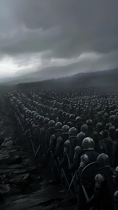 a large group of people standing in the middle of a field under a cloudy sky