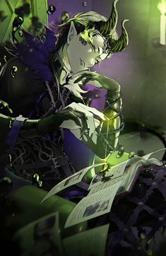 an anime character is reading a book while wearing green hair and purple makeup, with her eyes closed