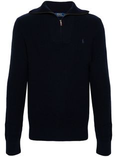 navy blue wool-cotton blend waffle knit signature Polo Pony embroidery ribbed trim high neck long sleeves straight hem half front zip fastening Pony Embroidery, Polo Pony, City Shorts, Balenciaga Triple S, High Neck Long Sleeve, Knitwear Men, Summer Beach Wear, Short Suit, Blue Wool