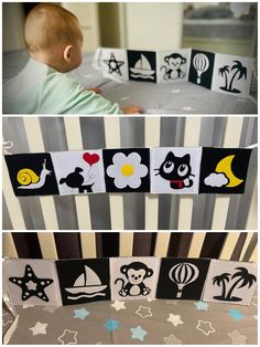 baby crib bedding with black and white pictures on it, including an infant's head in the crib