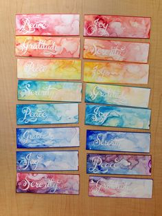 six watercolor cards with words written on them