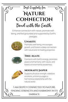 Black and white infographic with pictures and meanings of unakite, tree agate, and Mookaite jasper.