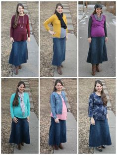 6 Ways to Style a Denim Skirt - fall fashion ideas Modest style. Fall Fashion Skirts, Denim Skirt Outfits, Modesty Fashion, Skirt Outfits